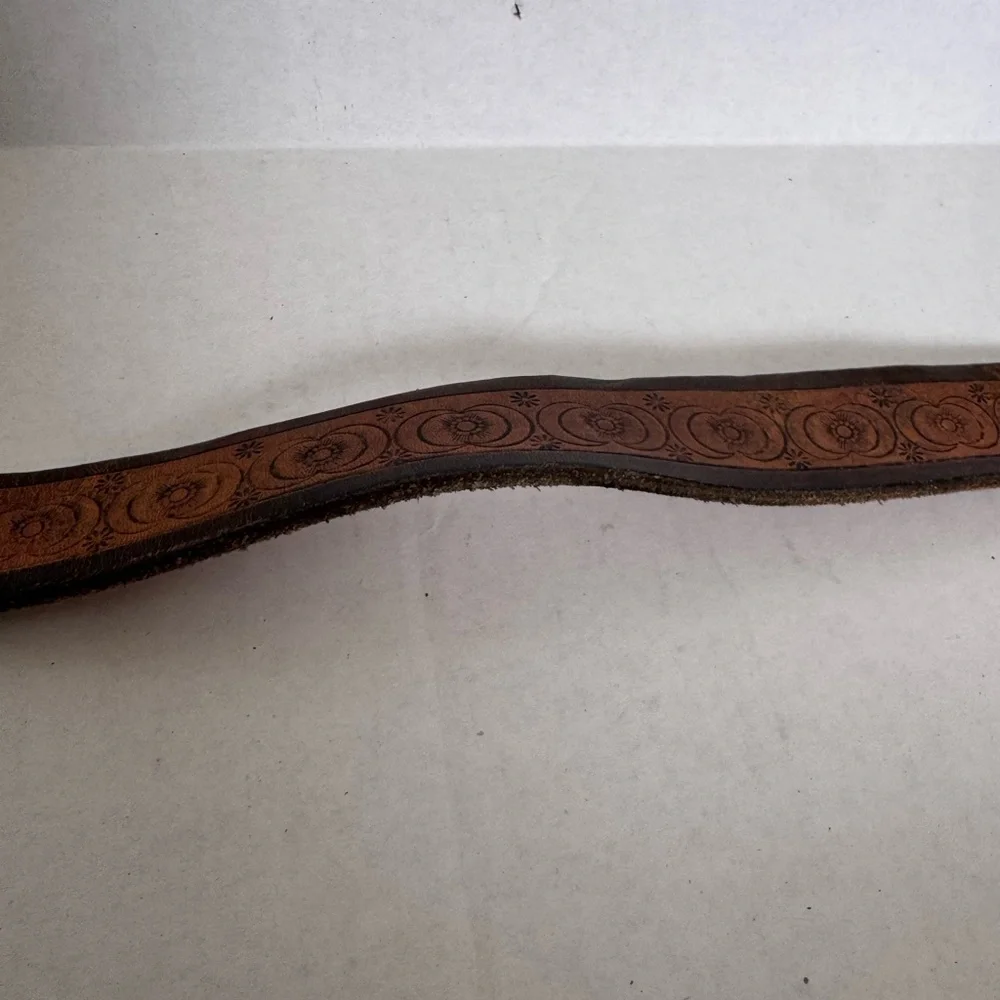 Vintage Leather Belt w/ Silvertone Buckle Marked Solid Brass Tooled Leather 32”